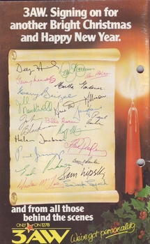 Back cover of program - advertisement for 3AW of staff signatures on a scroll next to a red candle