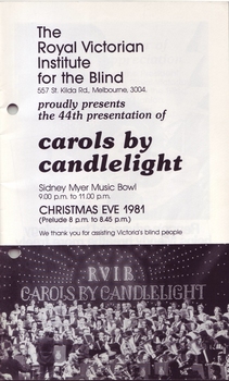 Title page with image of band and choir on stage