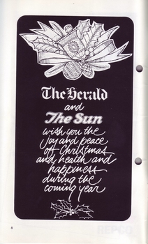 Black and white holly and Christmas bells above and below Christmas message from The Herald and The Sun