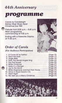 Order of songs, child with candle and image of torch bearers coming through crowd