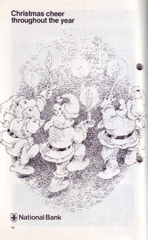 Illustration of Santas dancing in a circle holding candles - National Bank