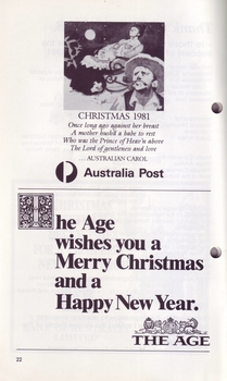 B/W painting of stamp and message from Australia Post and The Age Christmas message