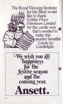 Drawing of sheep with candles on horns and thank you from RVIB to Golden Fleece Petroleum for candle wax, and Ansett Christmas message