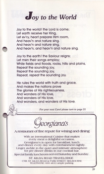 Words to Joy to the World and advertisement for Georgiana's restaurant in the St Kilda Travelodge