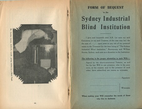 Form of Bequest and image of women in a music lesson with Gordon Lavers
