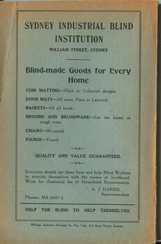 Advertisement for goods made at the Institution