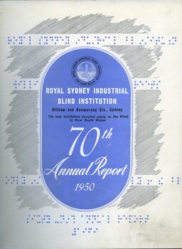 Front cover of annual report with bands of blue Braille dots (not raised)