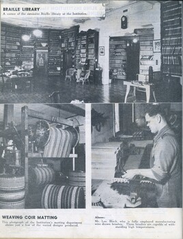Library interior, matting workshop and Les Black making a brush