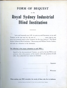 Form of Bequest to the Royal Sydney Industrial Blind Institution