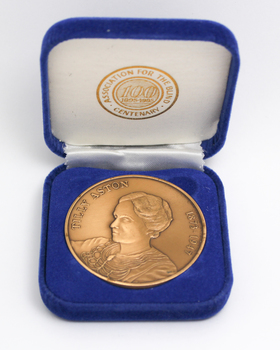 Bronze coloured medallion with illustrations in box