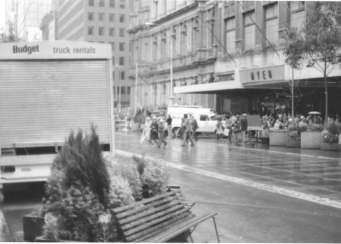 Channel 7 news van and people in Bourke St mall