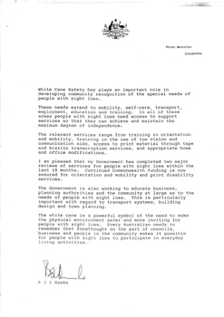 Typed letter from Prime Minister Bob Hawke