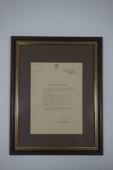 Framed letter of White Cane Proclamation