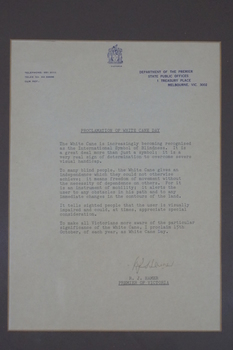 Framed letter of White Cane Day proclamation