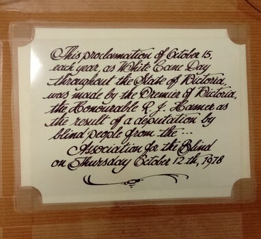 Framed letter proclaiming White Cane Day