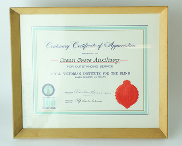 Paper certificate with RVIB centenary logo and red seal