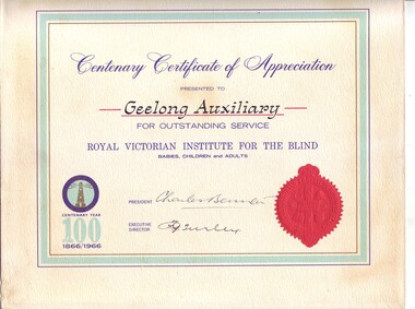 Certificate with Centenary logo and red RVIB seal