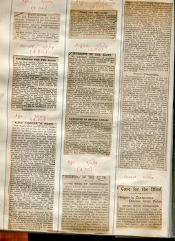 Newspaper cuttings relating to blind people and activities