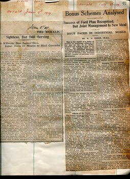 Newspaper cuttings relating to blind people and activities