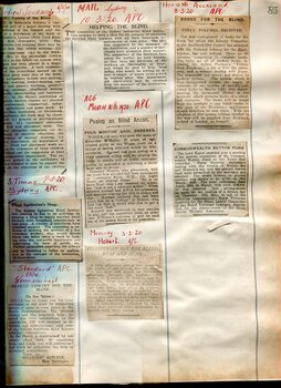 Newspaper cuttings relating to blind people and activities