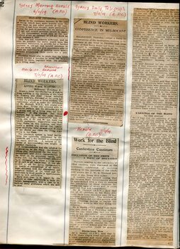 Newspaper cuttings relating to blind people and activities