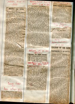 Newspaper cuttings relating to blind people and activities