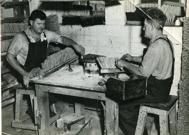 Brush shop - pitch set brooms being made by blind workers