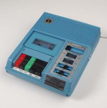 Blue plastic rectangular talking book player with buttons for navigational controls