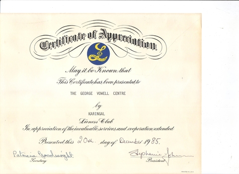 Paper certificate with Lioness Club symbol centred at top