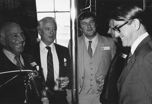 Five men hold glasses: Major General Paul Cullen, unknown, unknown, unknown, Neville Wran