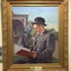Grey haired man in 3 piece grey suit and black bowler sits outside a building looking at a red account book