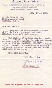 Thank you letter to Mr Miller for his donation on AFB letterhead