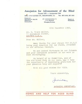 Thank you letter to Mr Miller for his donation on AFB letterhead