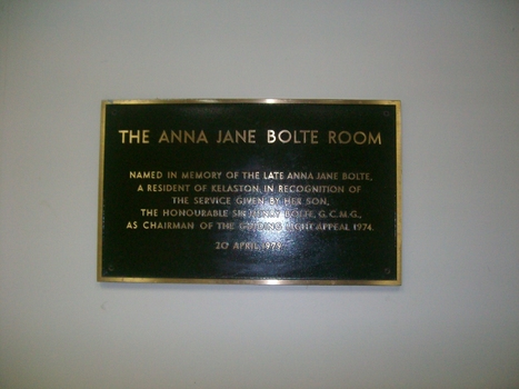 Plaque for Anna Jane Bolte Room on wall