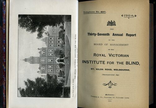 Photograph of St Kilda Road Building and front page of annual report for the RVIB