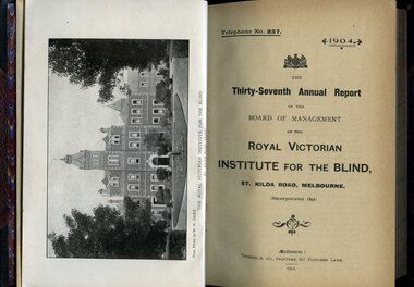 Photograph of St Kilda Road Building and front page of annual report for the RVIB