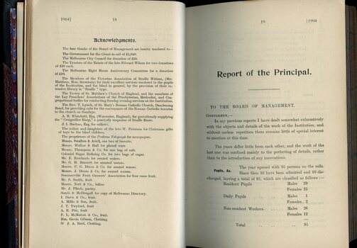Acknowledgements and Report of the Principal to the Board of Management and Subscribers