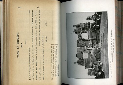 Form of Bequest and photograph of goods made at institute