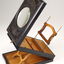 1 wooden box with fold out top and inset glass magnifier.