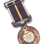 Silver medal hanging from burgundy ribbon