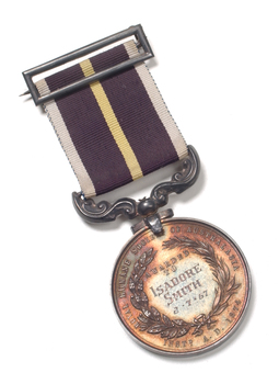 Silver medal hanging from burgundy ribbon