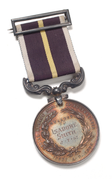 Silver medal hanging from burgundy ribbon