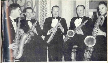 Five seated musicians hold various types of saxophones