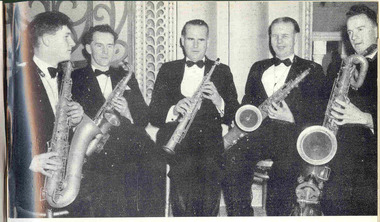 Five seated musicians hold various types of saxophones