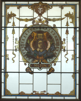 Three animals holding a shield featuring an image of John Milton