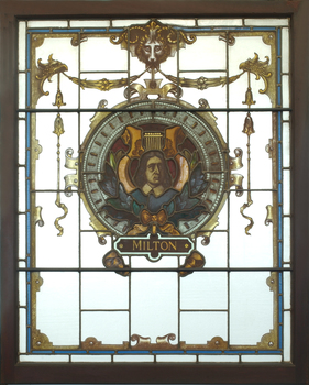 Three animals holding a shield featuring an image of John Milton