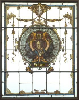 Three animals holding a shield featuring an image of Sir Walter Scott
