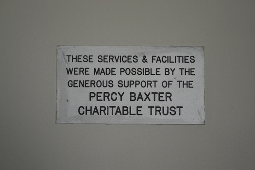 Plaque acknowledging Percy Baxter Charitable Trust