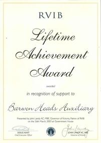 Lifetime achievement certificate with signature of Doug Kent and John Landy