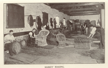 Men making cane chairs and baskets in a workshop